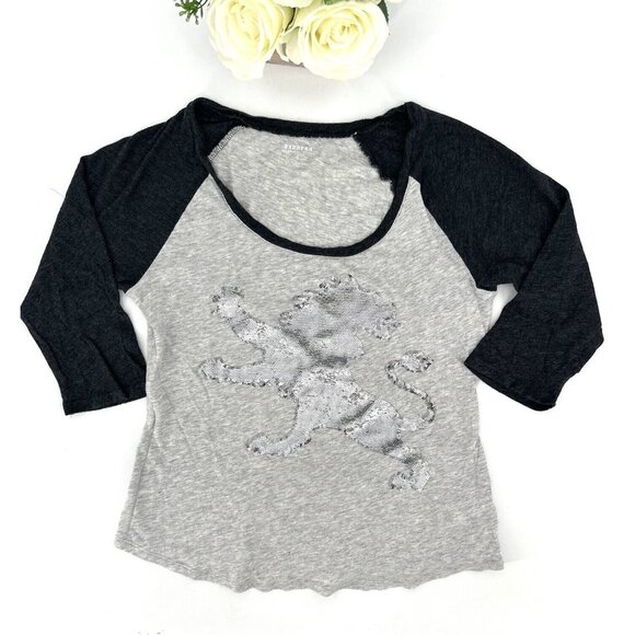 Express Womens Silver Sequin Lion Tee Size Small T-Shirt Baseball Sleeves Grey - Picture 5 of 11